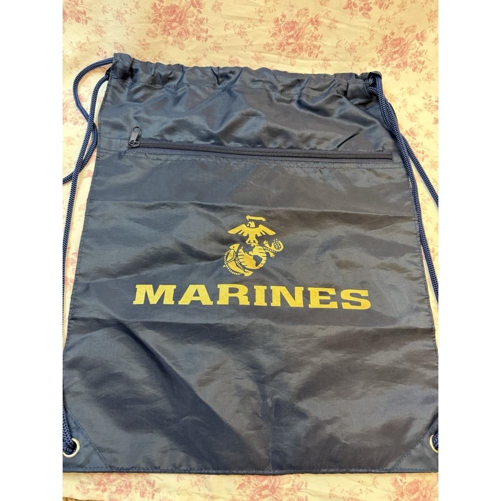 US Marines Drawstring Backpack Navy Blue Gold Logo Zipper Pocket 14.5x17.5